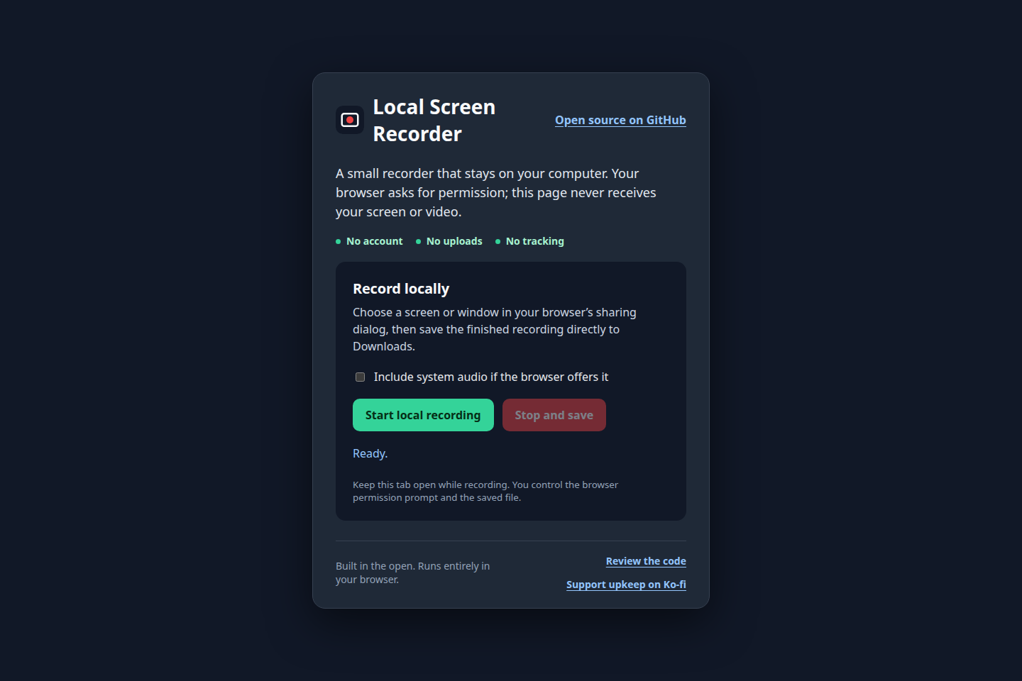 Local Screen Recorder's interface: choose whether to include available system audio, then start or stop a local recording.