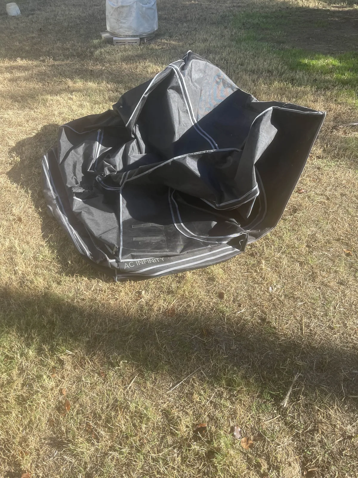 The AC Infinity tent on the grass at home. I fully unzipped and opened it for curing and airing out, but forgot to photograph that step.