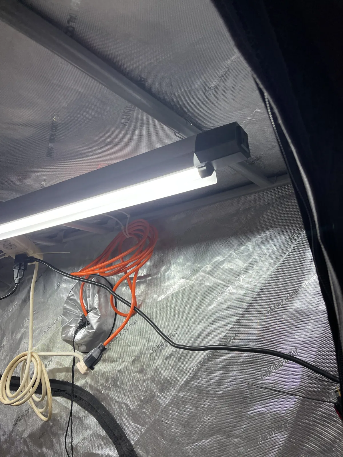 The Braun light's black cord runs across the tent wall to the reused inline rocker switch by the door; the orange primary power cord is coiled behind it.