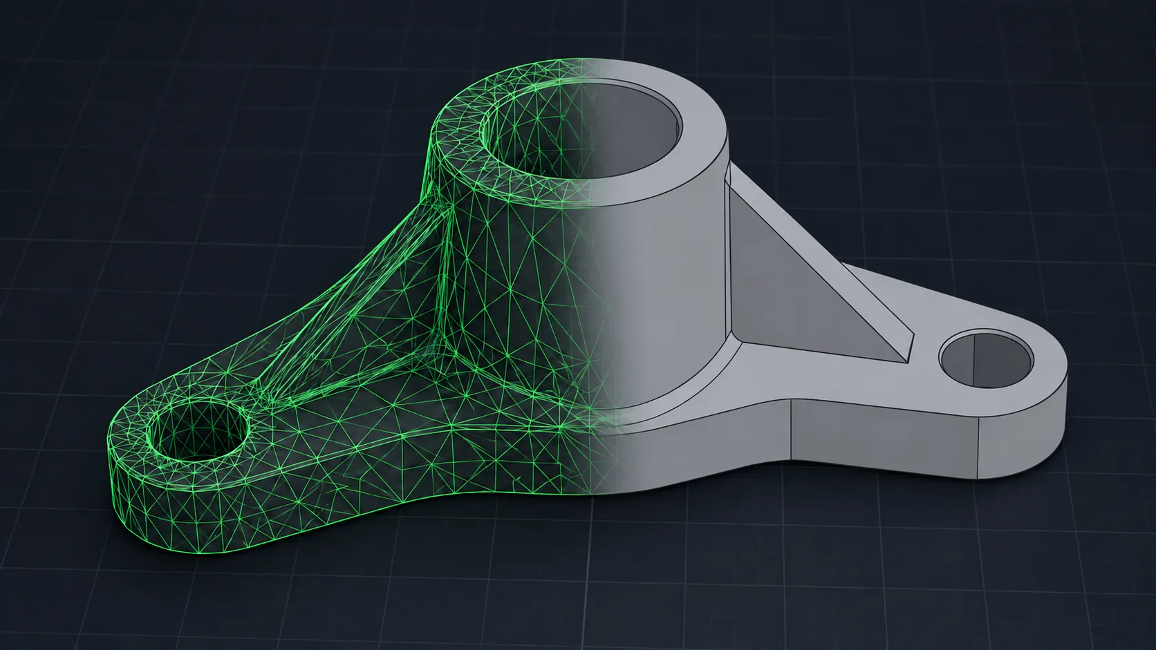AI-generated concept illustration: a green triangulated mesh transitions into a flat-shaded CAD-style solid. Not a plugin screenshot or conversion result.