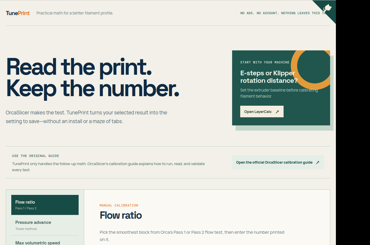 TunePrint open to its Flow ratio calculator, with the calibration workspace visible.