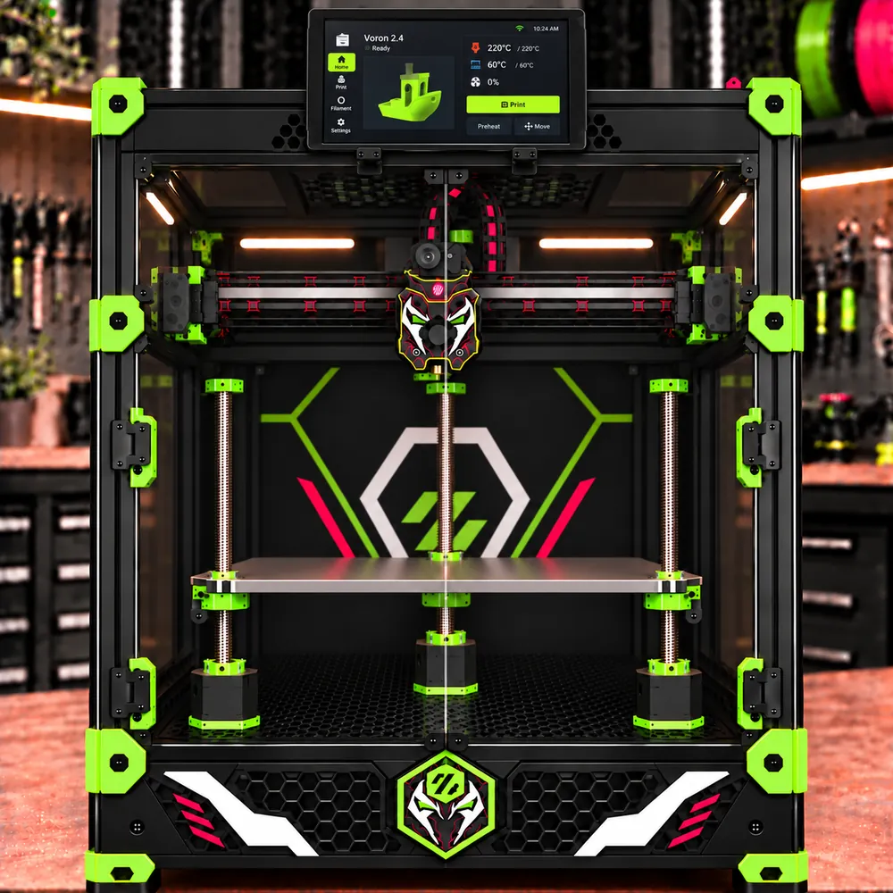 Concept render exploring a Spawn-inspired enclosed Voron build, with lime accents and a touchscreen.